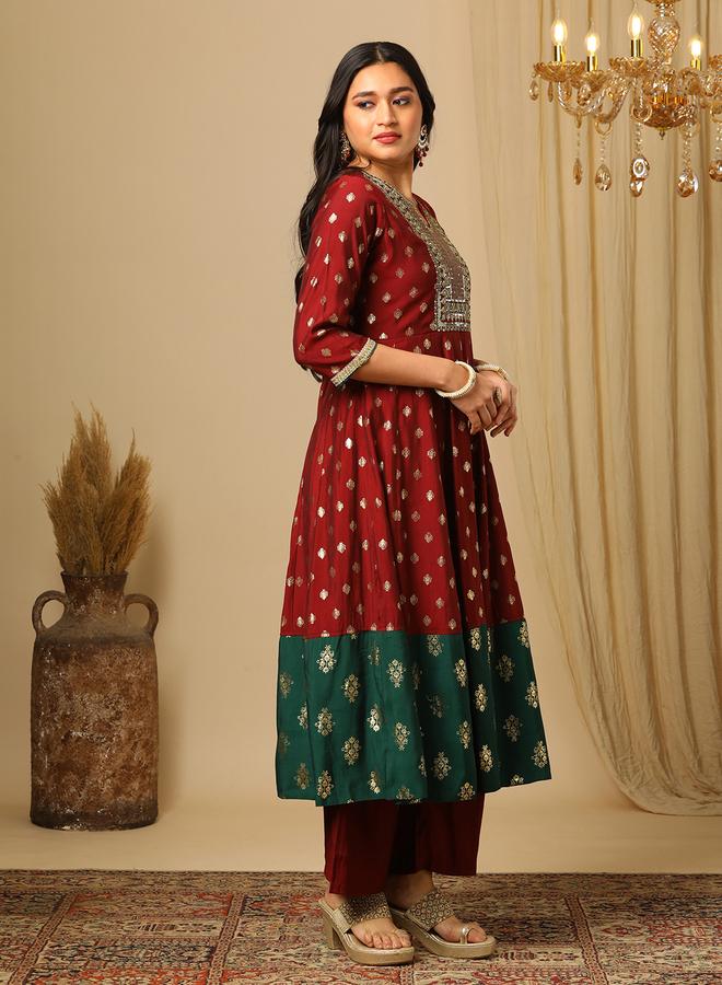 globus Women Maroon Gold Foil Print Anarkali Kurta and Elasticated Pants Set - Image 1